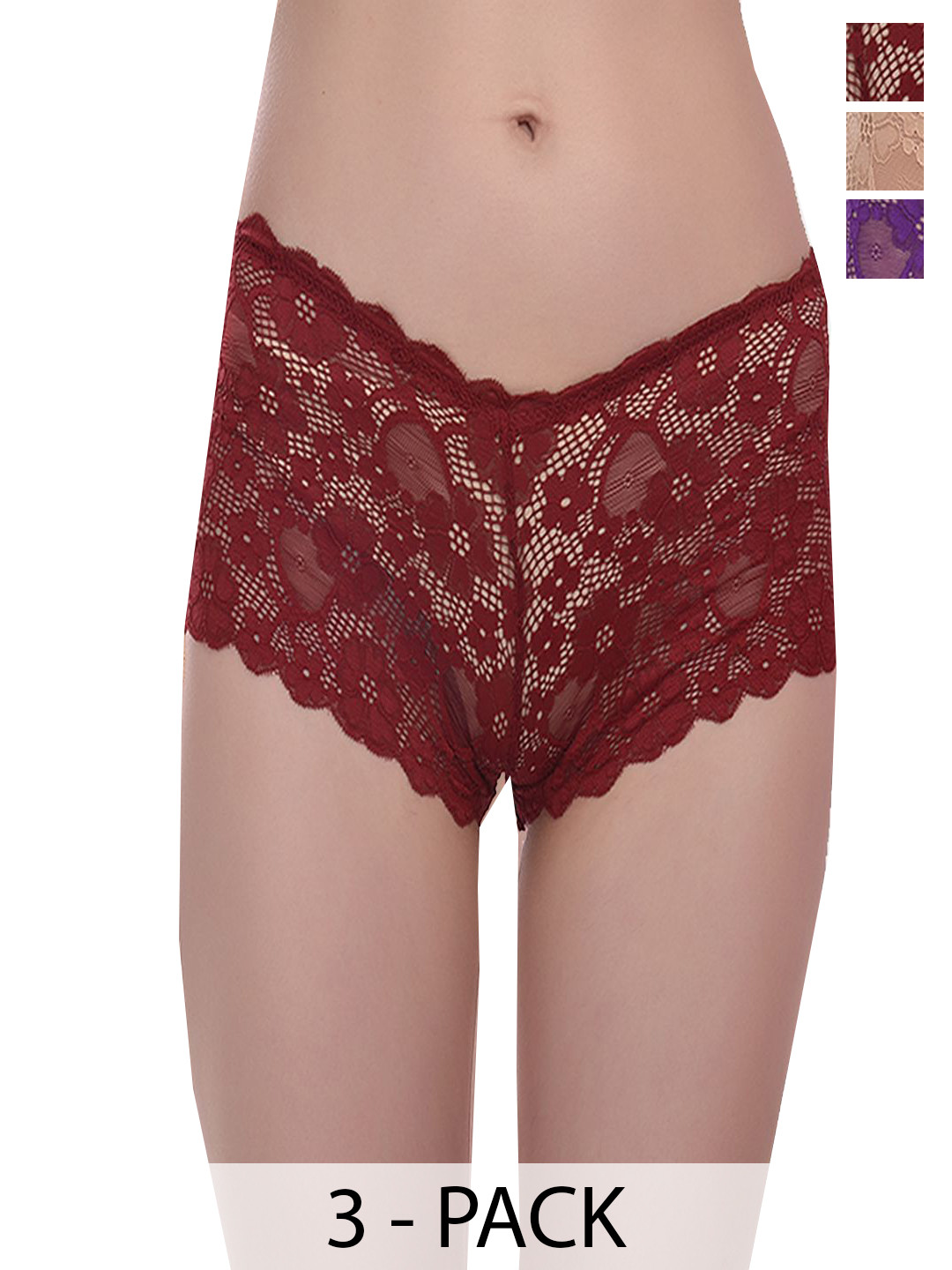 

Fleurt Women Pack Of 3 Assorted Lace Boy Shorts Briefs - HOBFPT3-OS-28