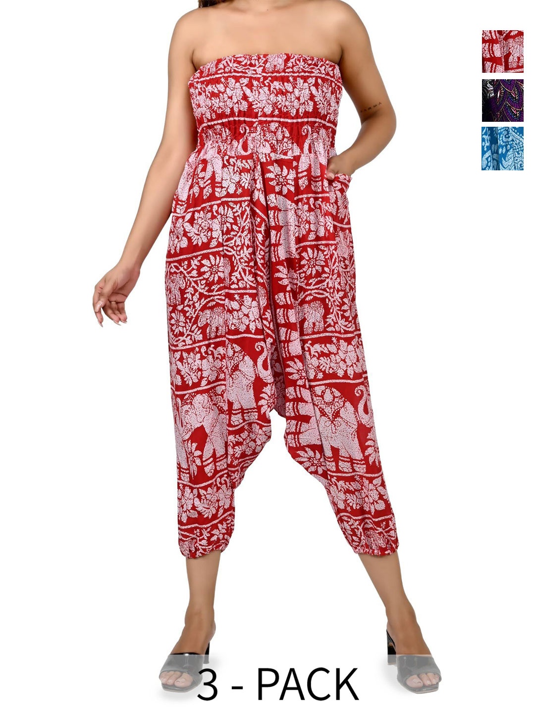 

NarNari Women Pack Of 3 Printed Mid-Rise Harem Pants, Blue