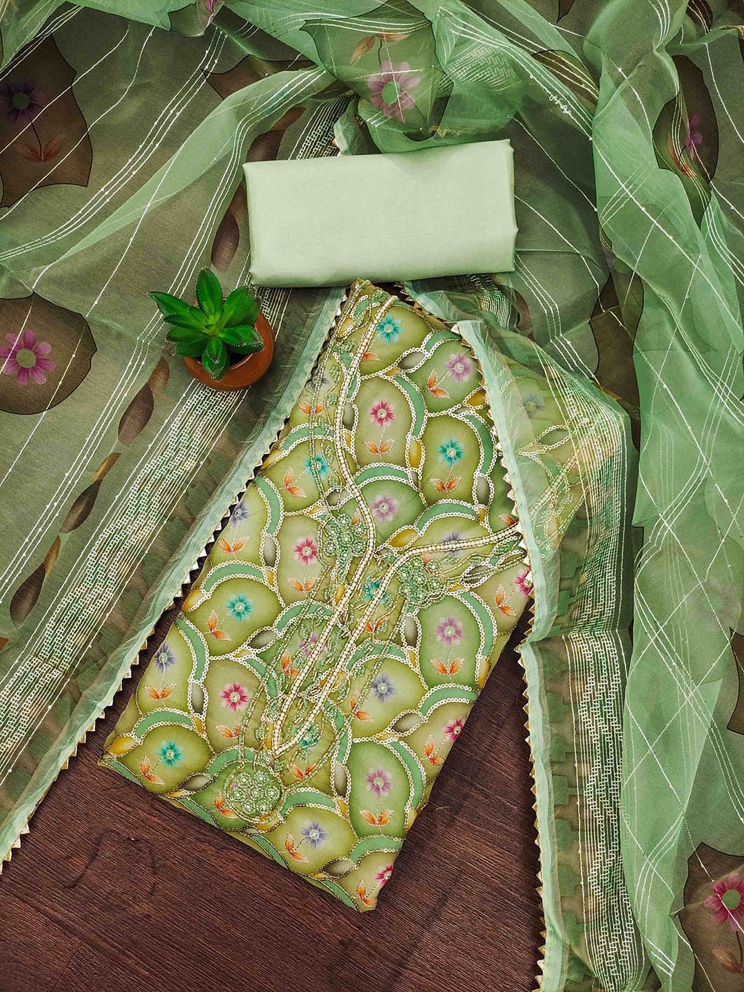 

KALINI Embellished Organza Unstitched Dress Material, Green