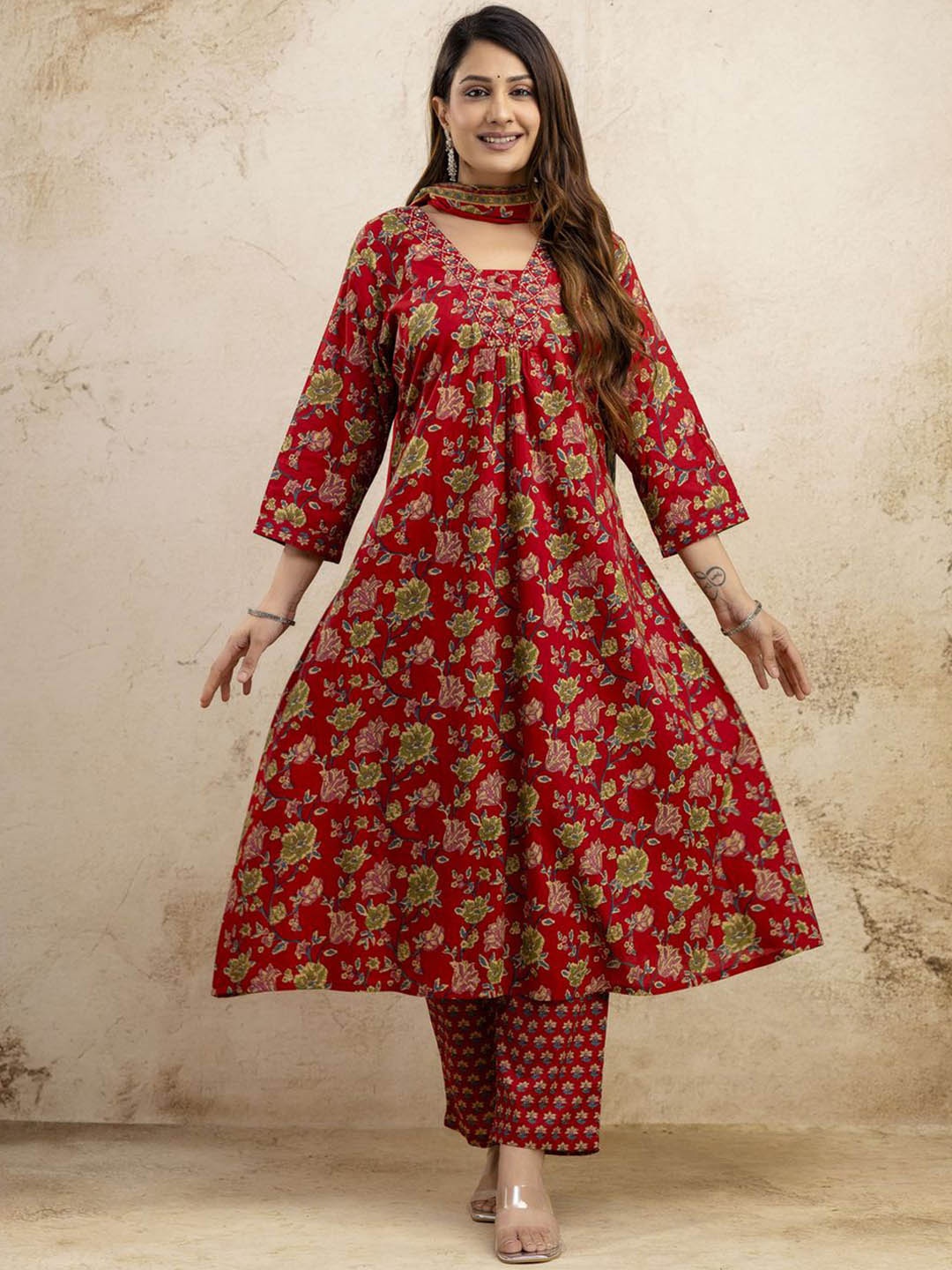 

NISHIRE Floral Printed V-Neck Pleated Pure Cotton A-Line Kurta With Trouser & Dupatta, Red