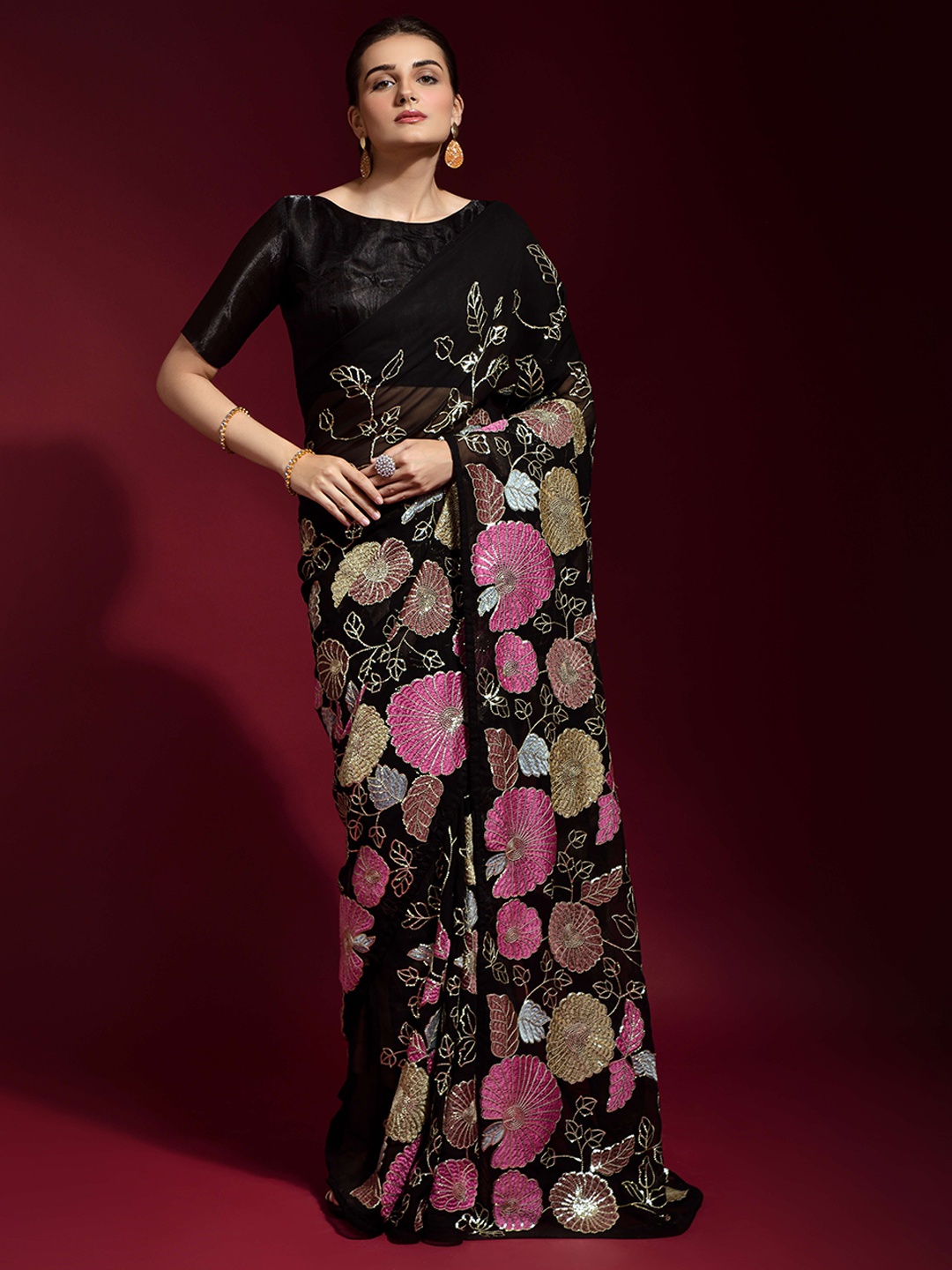

Moda Rapido Floral Sequinned Pure Georgette Saree, Black