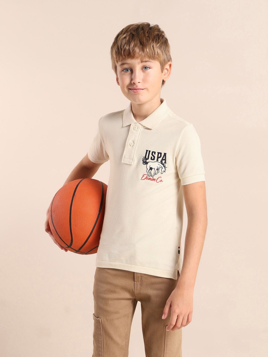 

U.S. Polo Assn. Kids Boys Brand Logo Printed Polo Collar Applique T-shirt, Beige