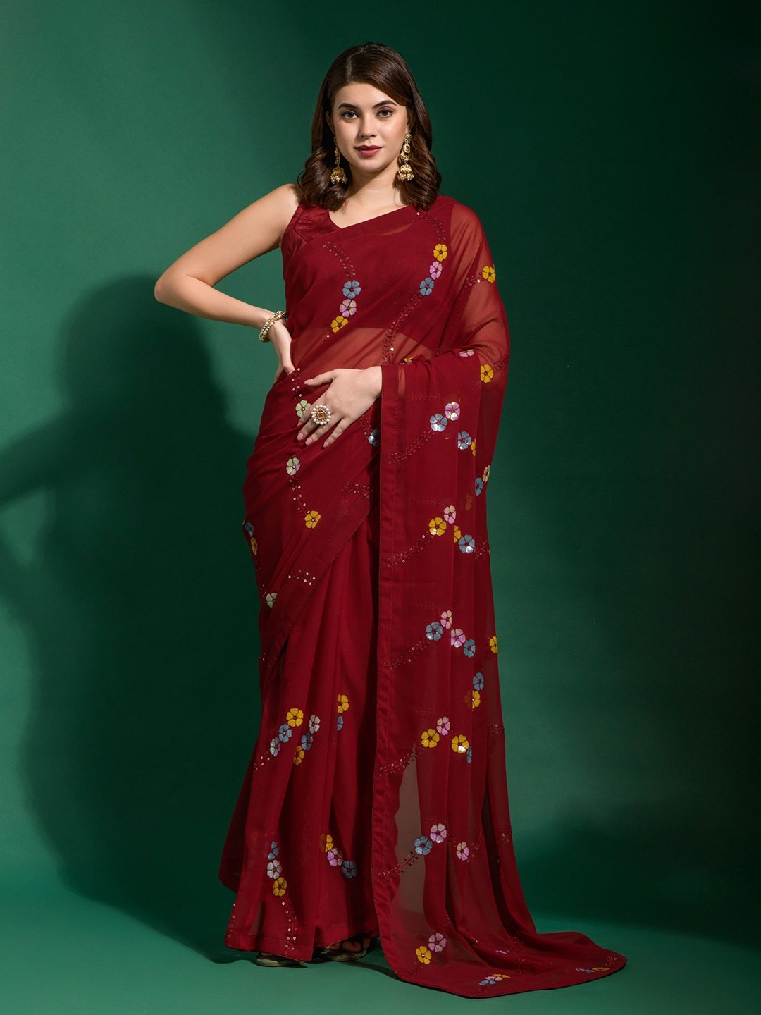 

Moda Rapido Embellished Sequinned Pure Georgette Saree, Red