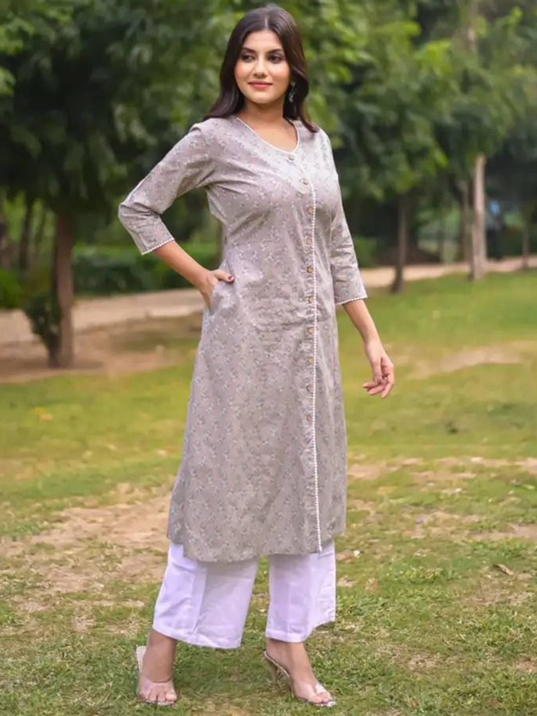 

Vivika Floral Printed V-Neck Pure Cotton A-Line Kurta, Grey