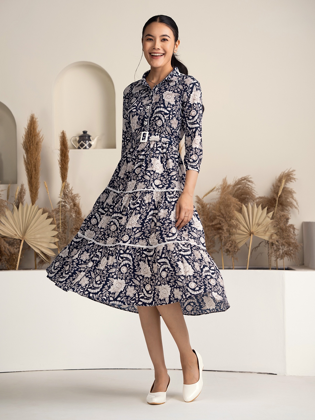 

DressBerry Floral Print Crepe Fit & Flare Dress, Navy blue