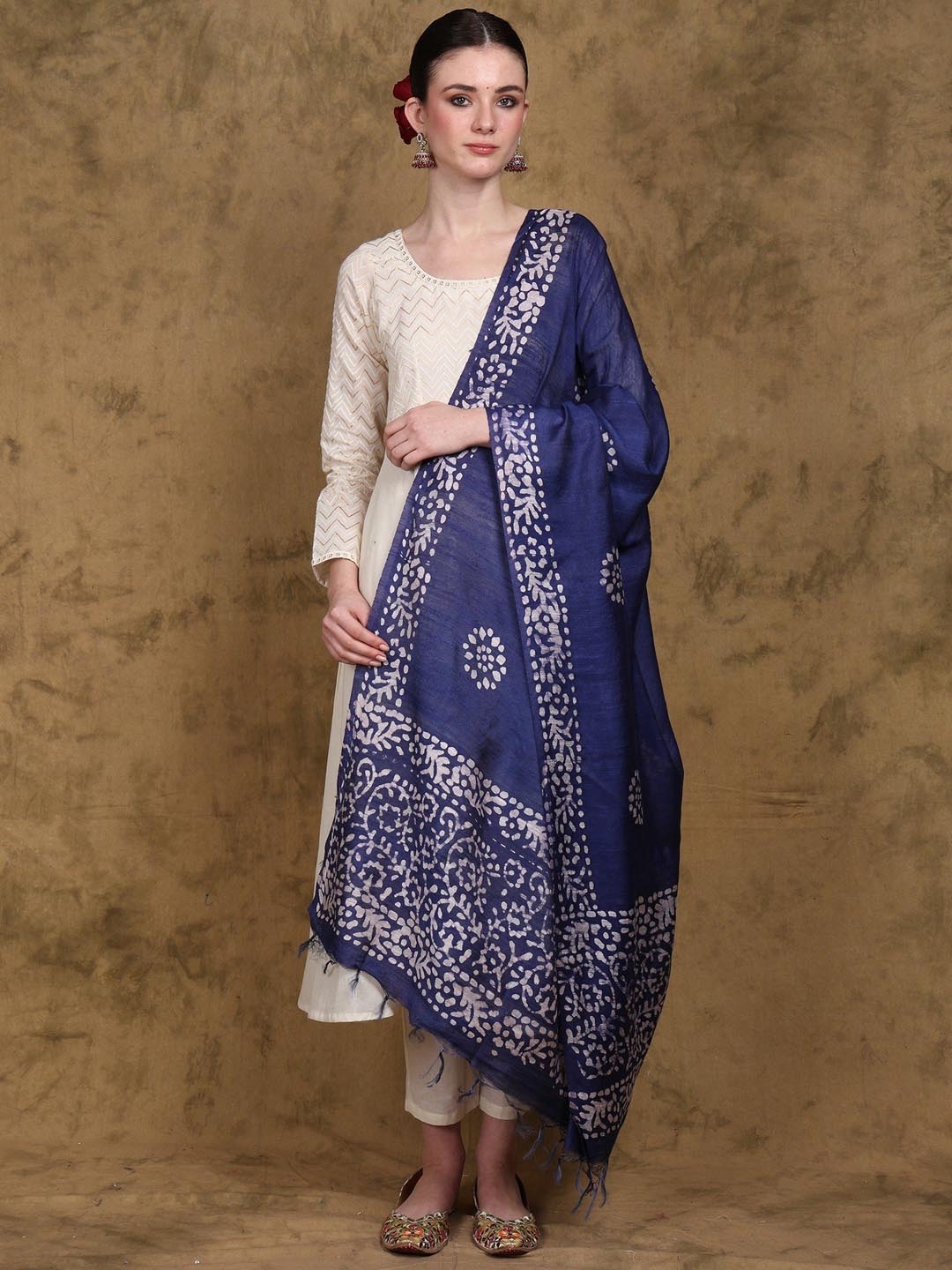 

Exotic India Ethnic Motifs Printed Batik Dupatta, Blue