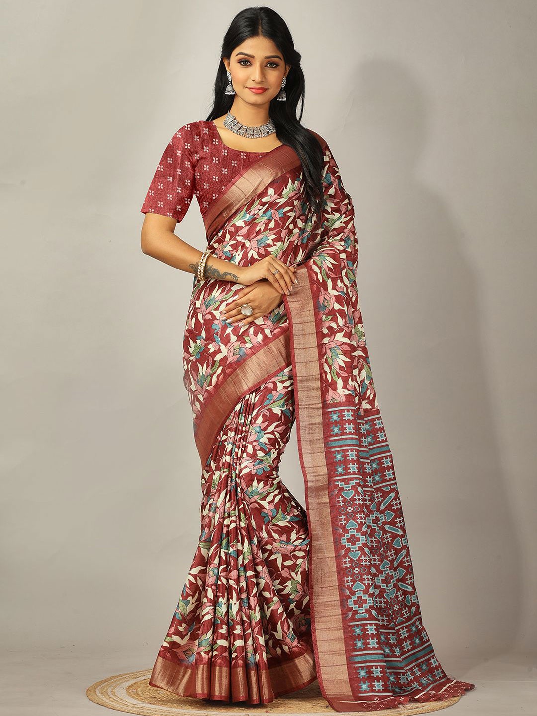 

NIRMAL CREATION Floral Printed Zari Saree, Burgundy