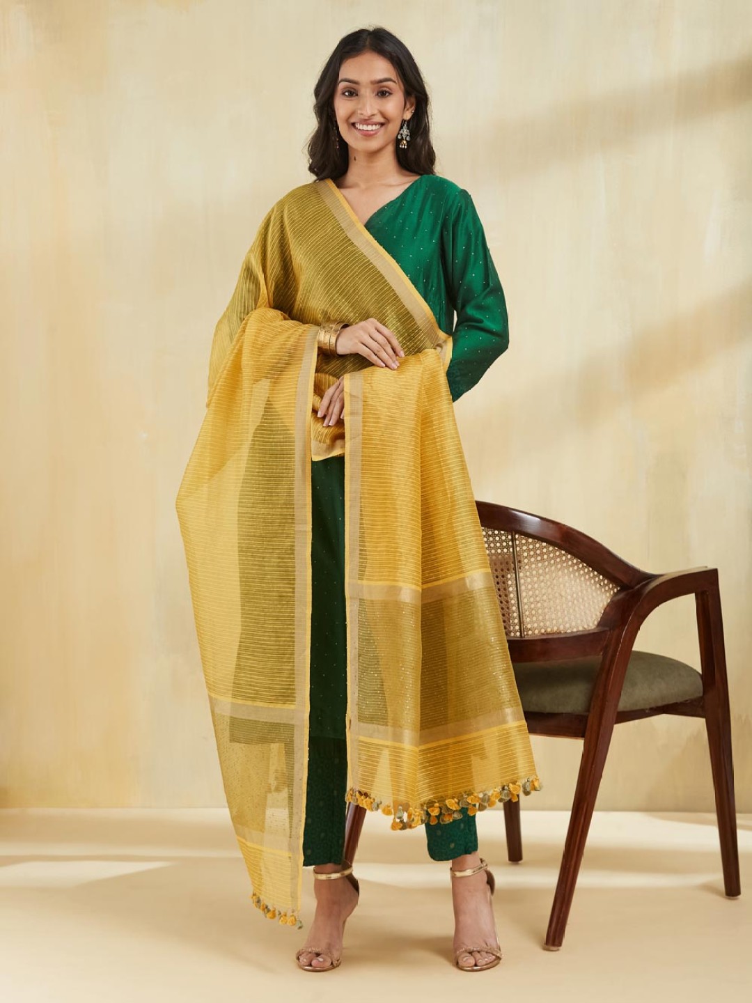 

Fabindia Striped Woven Design Linen Dupatta, Yellow