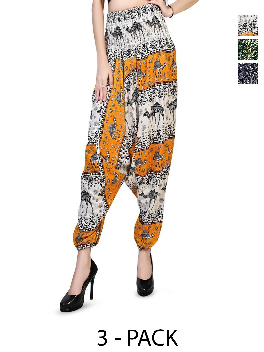 

NarNari Women Pack Of 3 Printed Harem Pants, Green