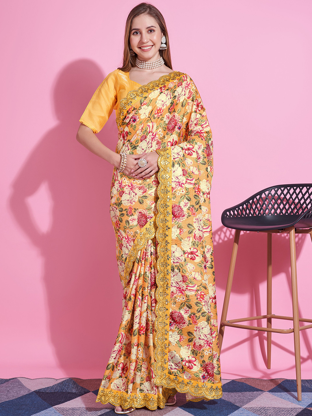 

Mitera Floral Printed Embroidered Saree With Unstitched Blouse Piece, Yellow