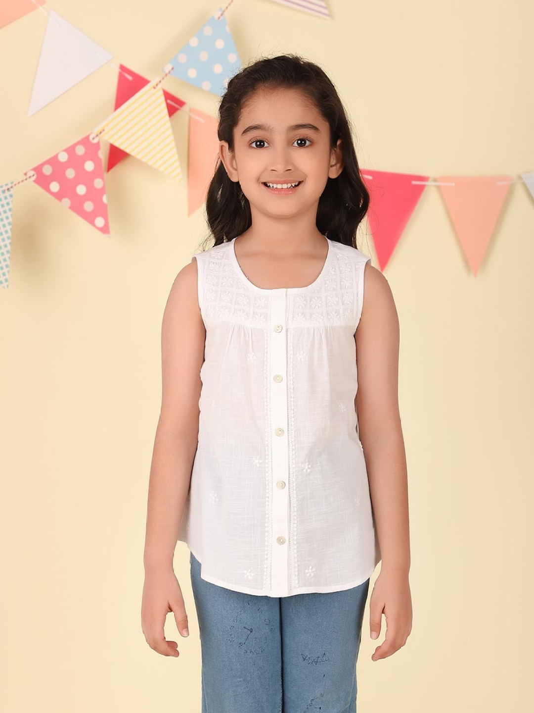 

Fabindia Girls Embroidered Cotton A-Line Top, White