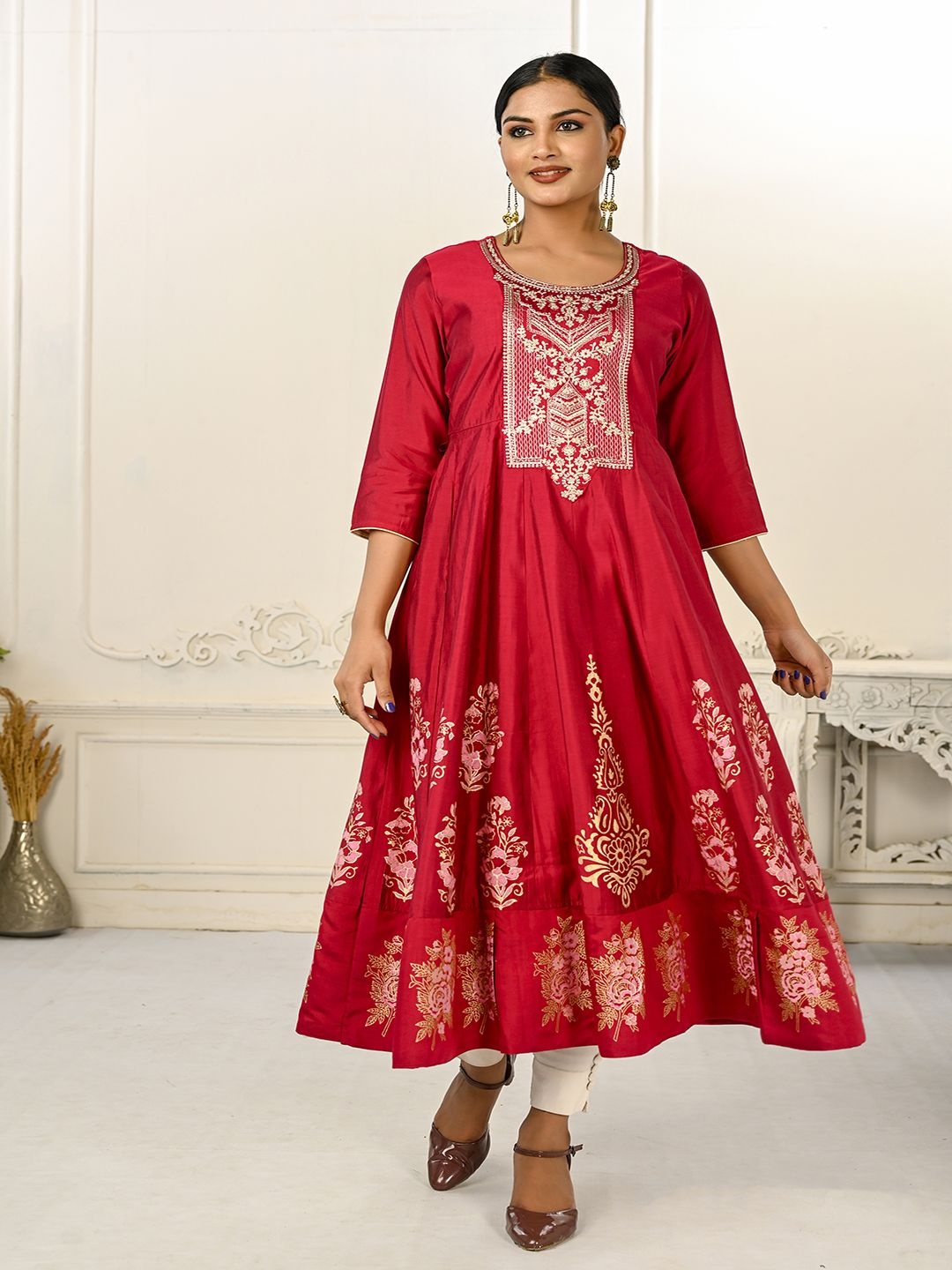 

Krimmple Women Ethnic Motifs Printed Thread Work Anarkali Kurta, Red