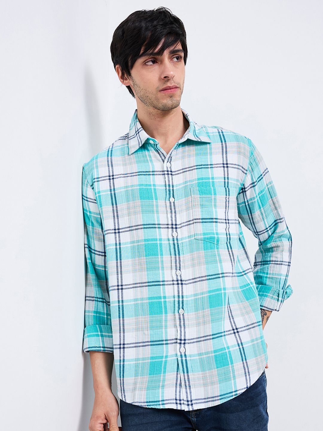 

SPYKAR Men Spread Collar Tartan Checked Cotton Casual Shirt, Green