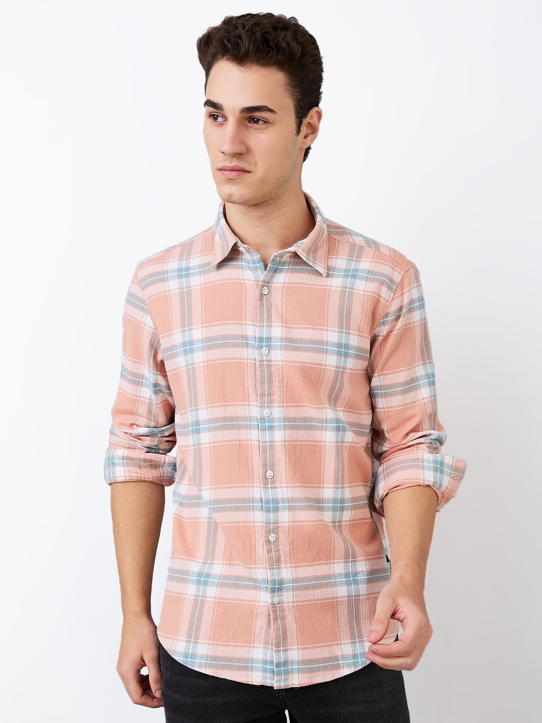

SPYKAR Men Spread Collar Tartan Checked Cotton Casual Shirt, Beige