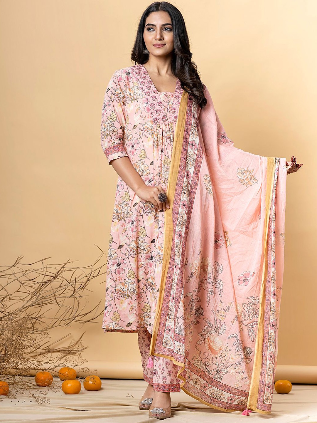 

Readiprint Fashions Floral Printed Aari Work Pure Cotton Kurta With Palazzos And Dupatta, Pink