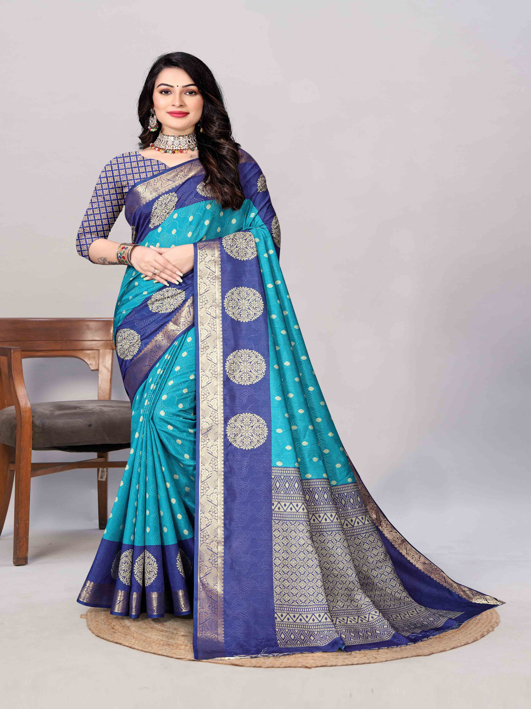 

A.V.M. SILK MILLS Woven Design Zari Pure Crepe Saree, Blue