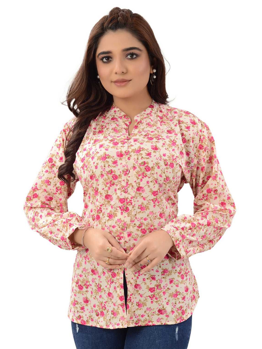 

TROMBOO Mandarin Collar Printed Tunic, Pink