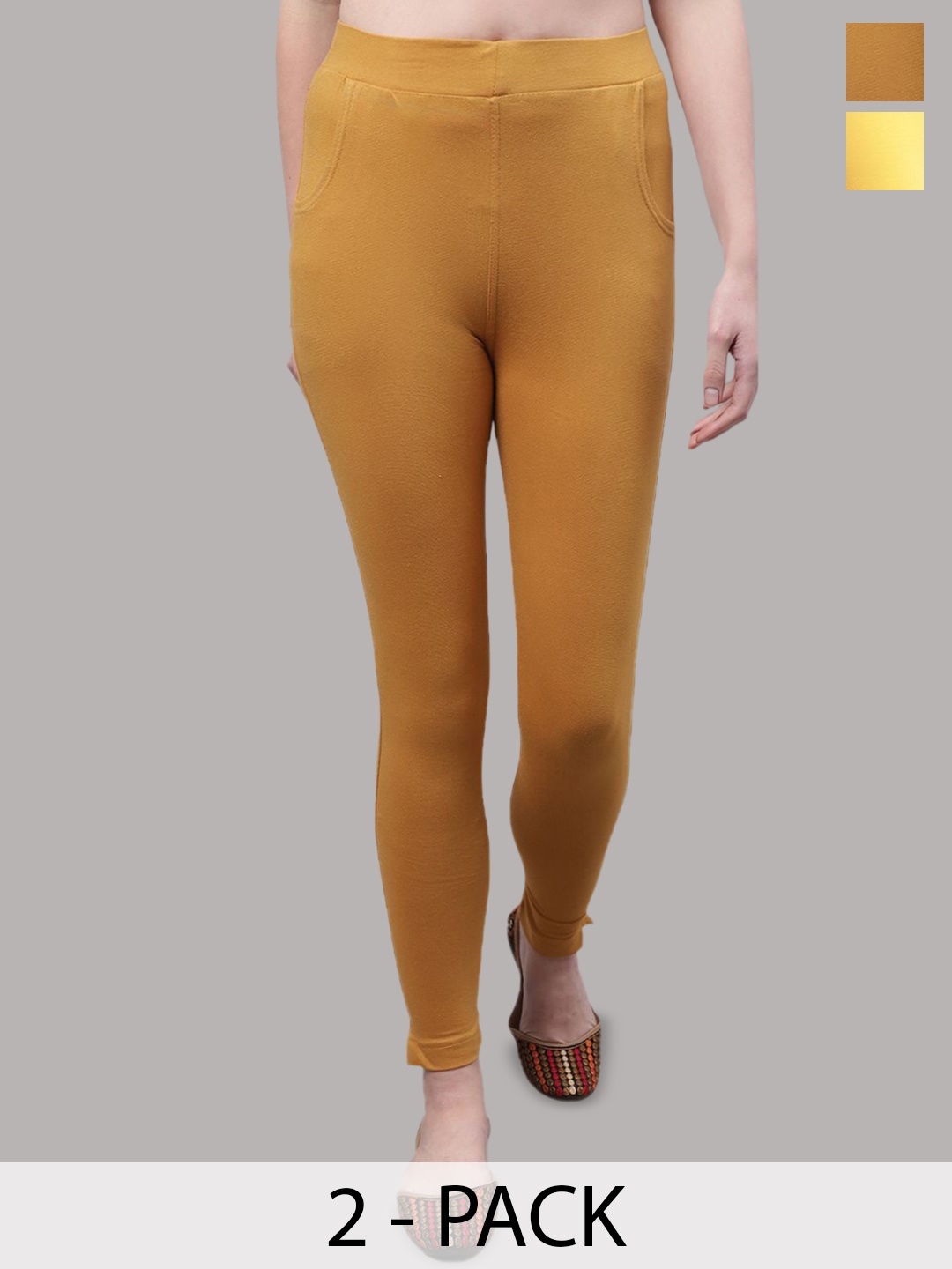 

Valles365 by S.C. Women Pack Of 2 Ankle Length Cotton Leggings with Pocket, Yellow