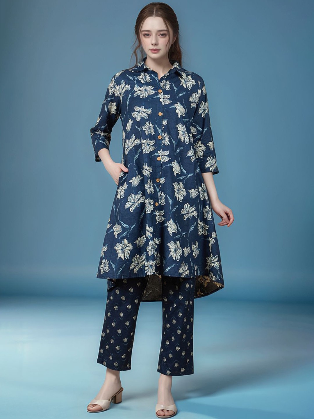 

ANEKYA Floral Printed Shirt Collar Pure Cotton Tunic With Trouser, Navy blue