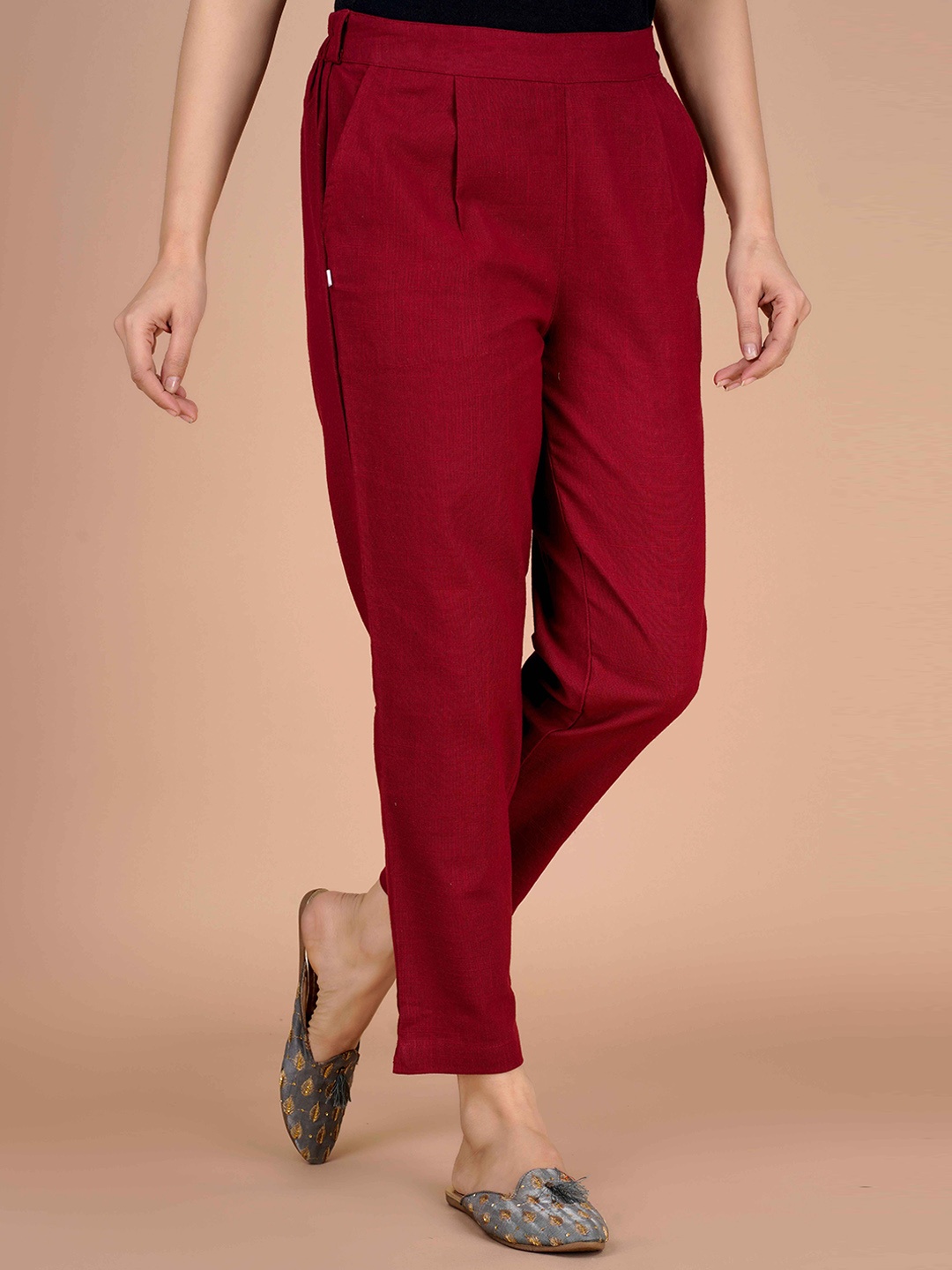 

JONAYA Women Cotton Mid Rise Trousers, Maroon