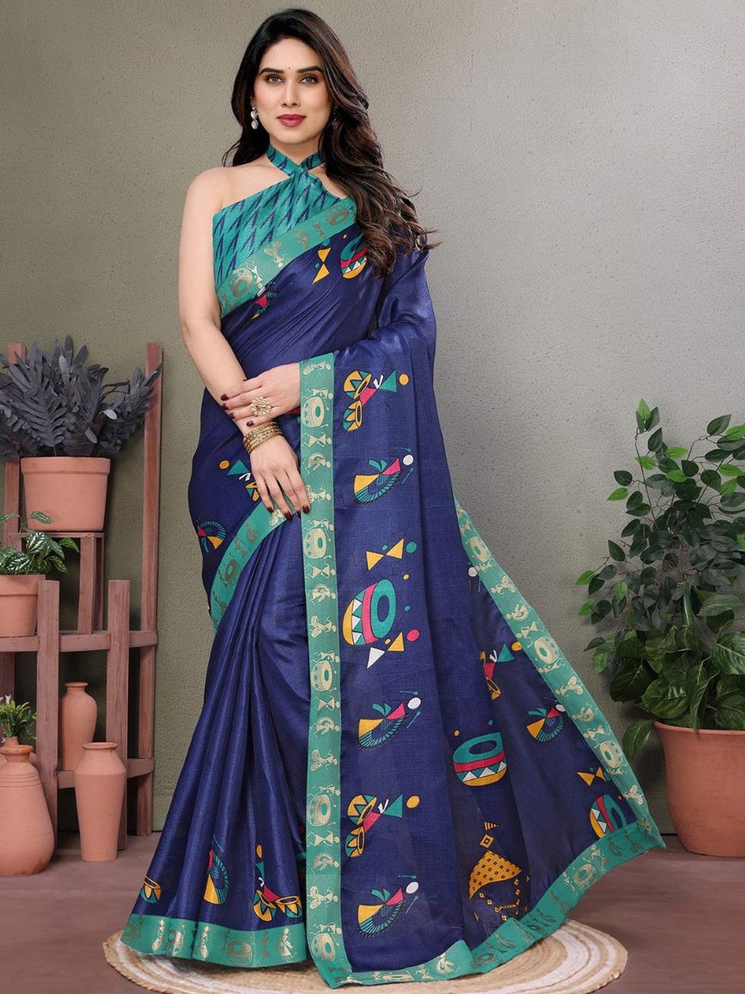 

KALINI Kalamkari Printed Saree, Navy blue