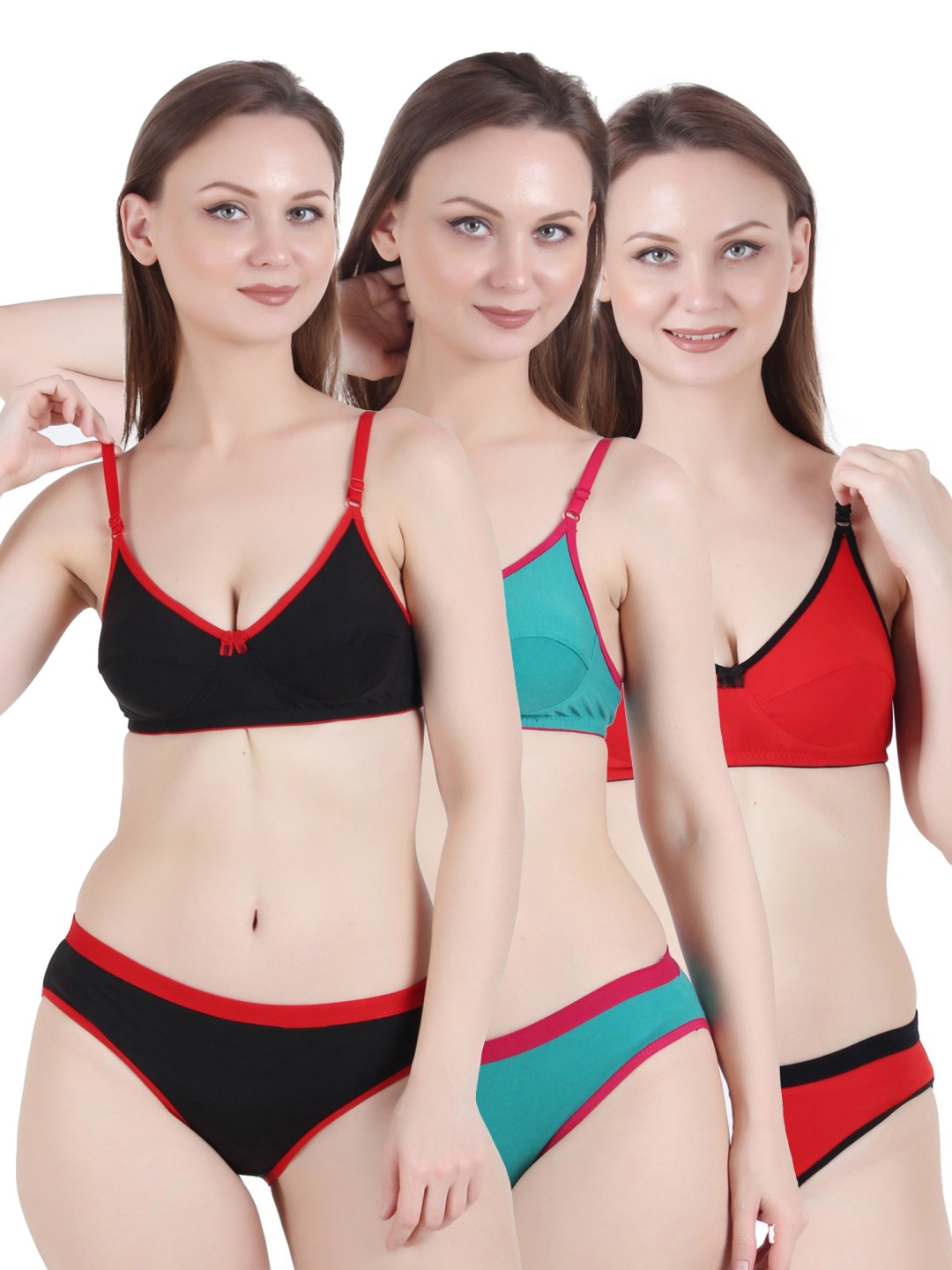 

chia fashions Women Pack Of 3 Non-Padded Lingerie Set - CHFS-777-BLK-GRN-RED-30B, Black