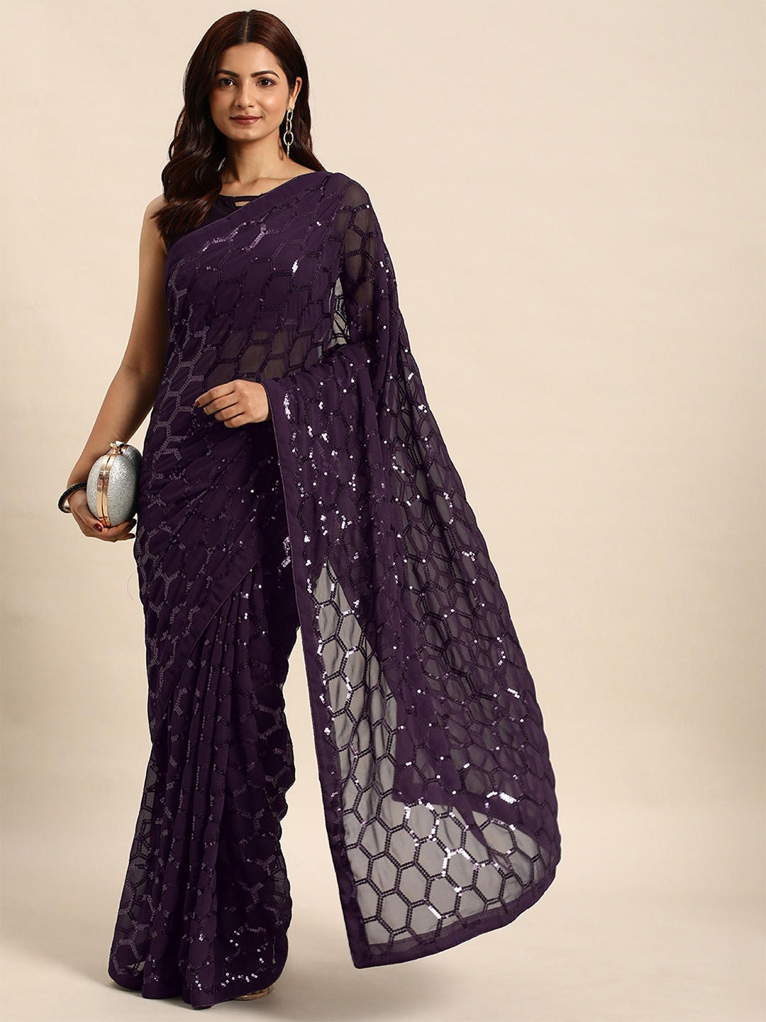 

Moda Rapido Sequinned Pure Georgette Saree, Purple