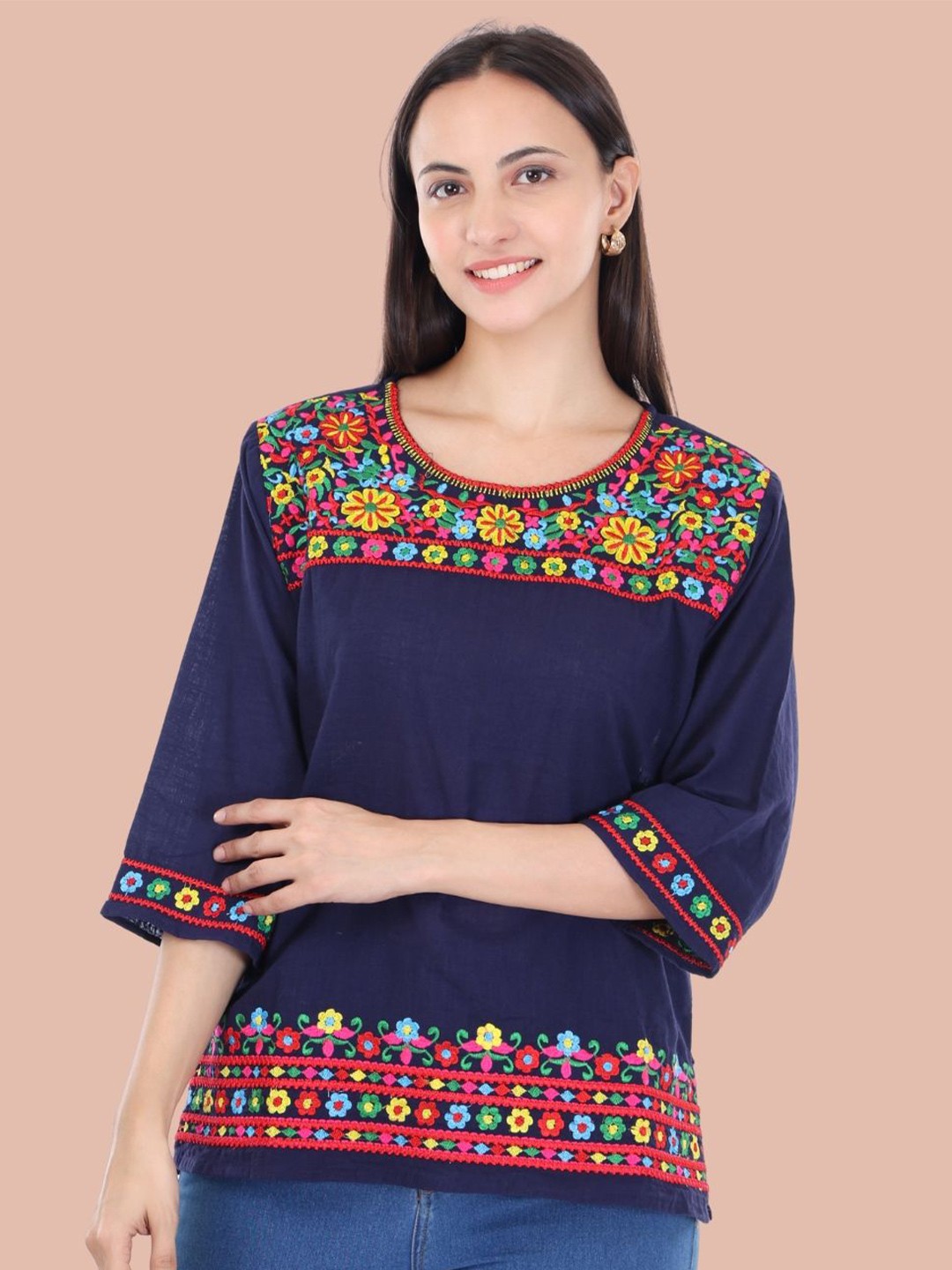 

Moda Rapido Floral Embroidered Pure Cotton Kurti, Navy blue