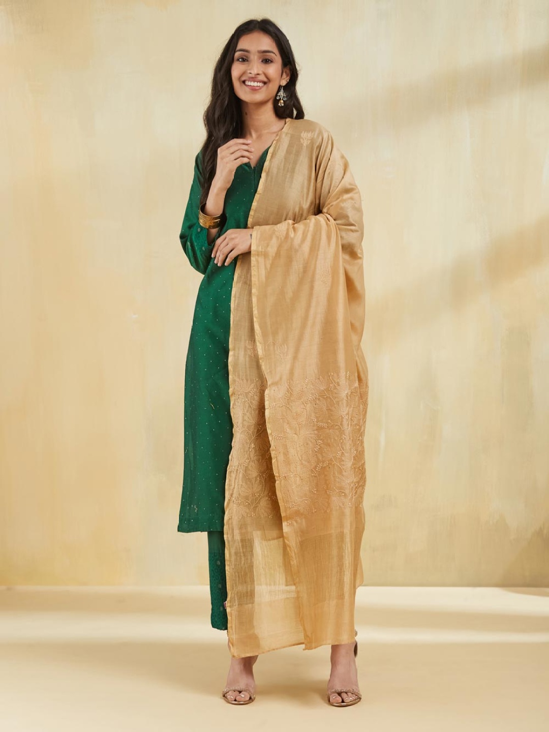 

Fabindia Floral Embroidered Cotton Silk Dupatta With Chikankari, Brown