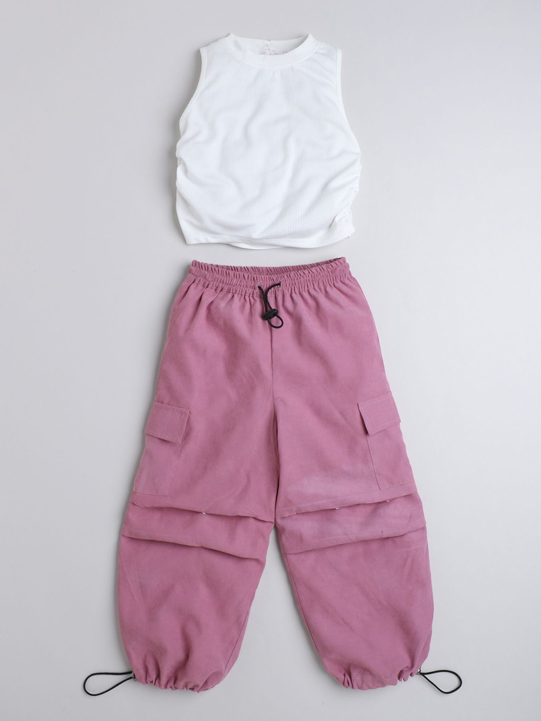 

taffykids Girls Round Neck Top With Parachute Pant, White