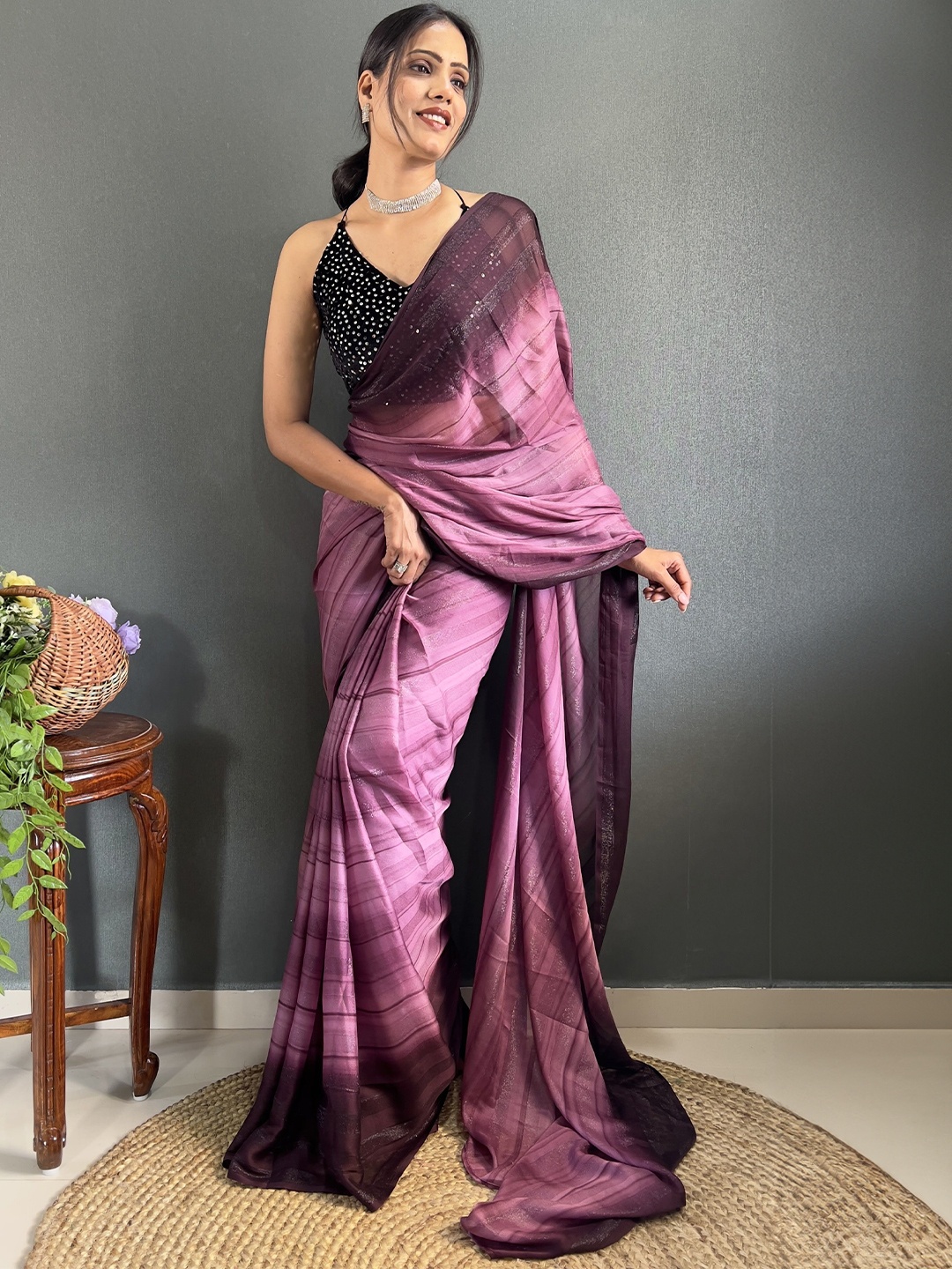 

Moda Rapido Striped Sequinned Pure Georgette Saree, Purple