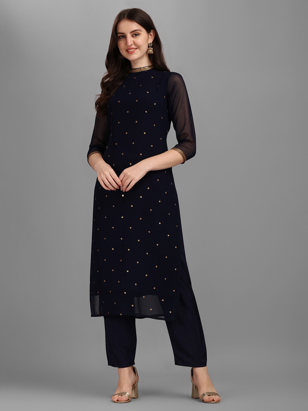 

Fourleaf Women Embroidered Regular Sequinned Kurta with Trousers, Navy blue