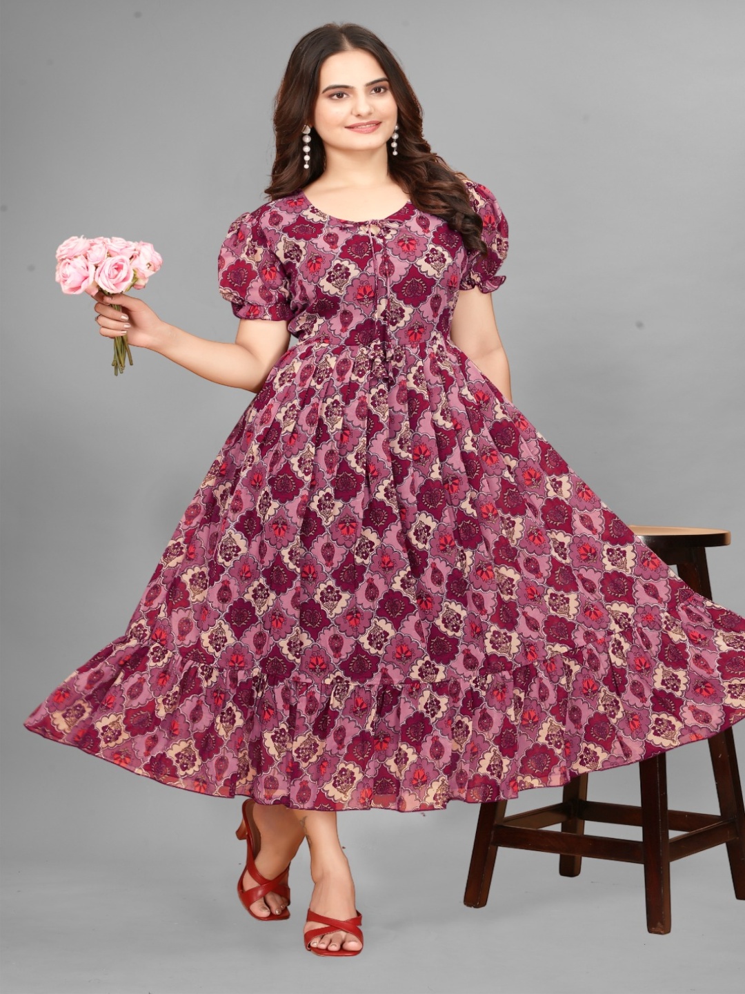 

BAESD Floral Print Keyhole Neck Puff Sleeve Ruffled Georgette Fit & Flare Maxi Dress, Purple