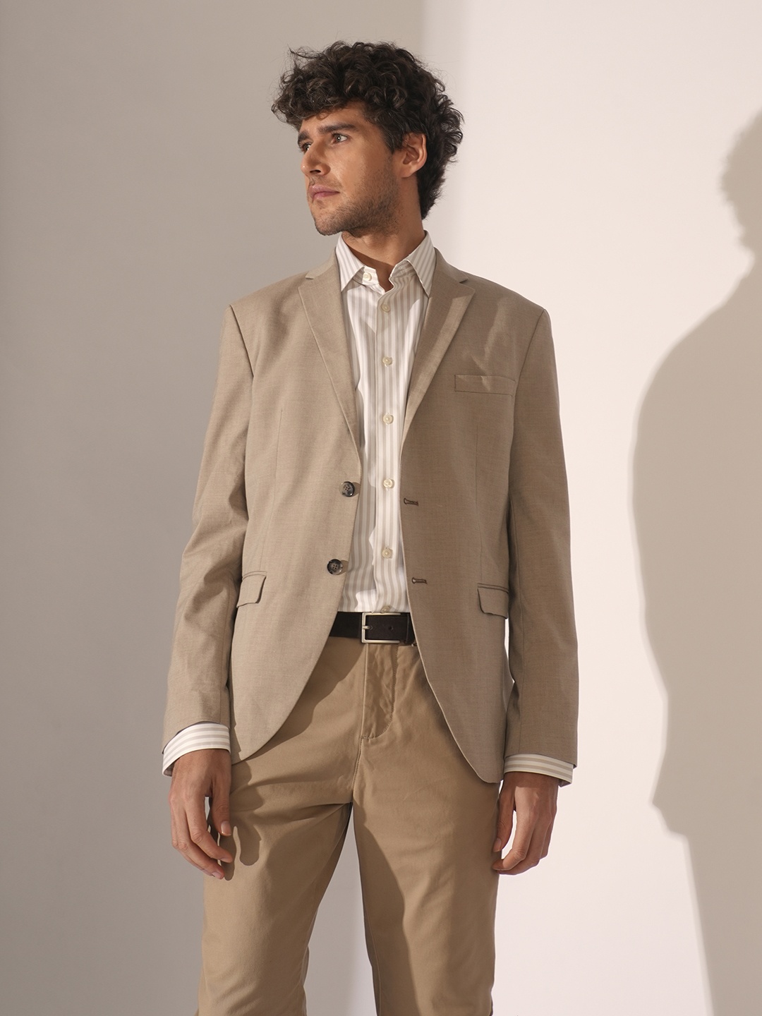 

SELECTED Men Spread Collar Vertical Striped Cotton Formal Shirt, Beige