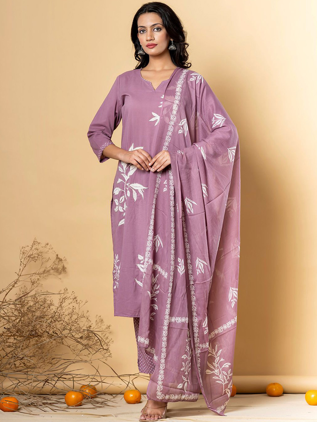 

Readiprint Fashions Floral Printed Regular Pure Cotton Kurta with Palazzos & Dupatta, Mauve