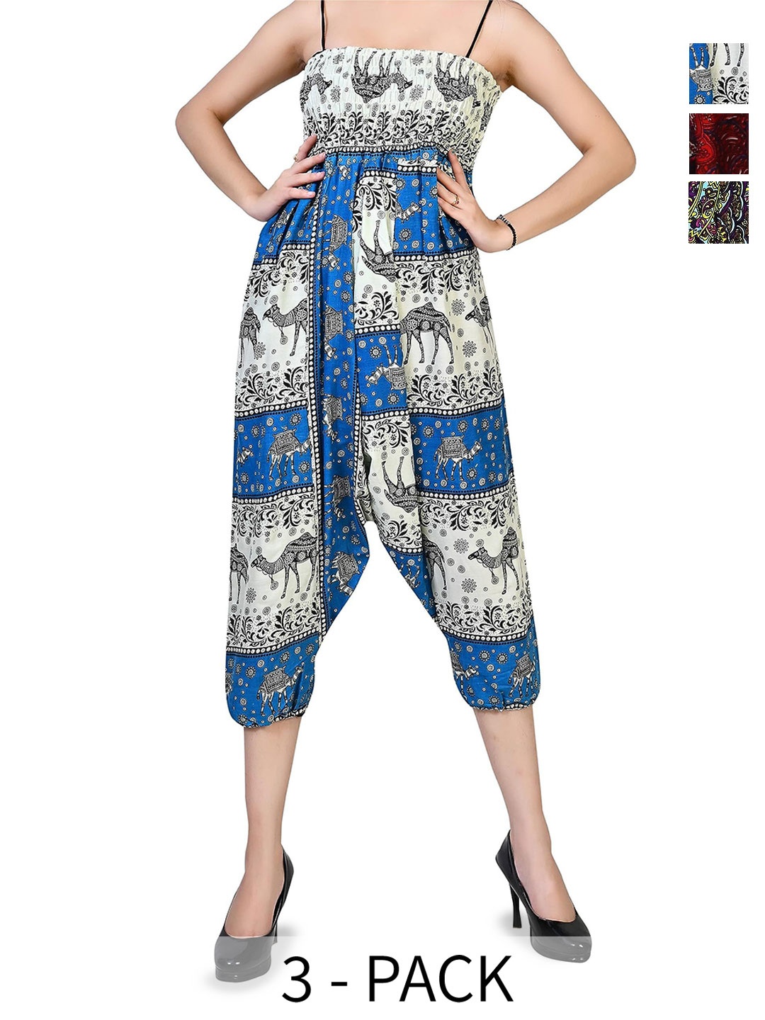 

NarNari Women Pack Of 3 Ethnic Motifs Printed Mid-Rise Harem Pants, Green