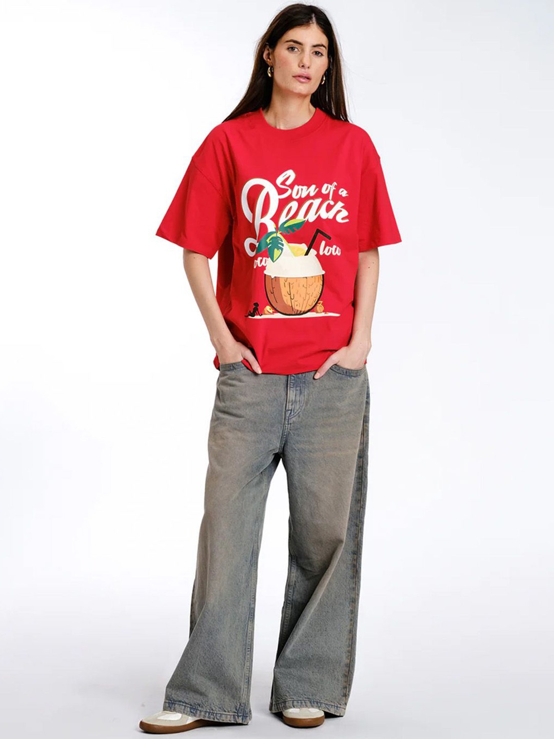 

Bonkers Corner Women Typography Printed Round Neck Cotton Oversized T-shirt, Red