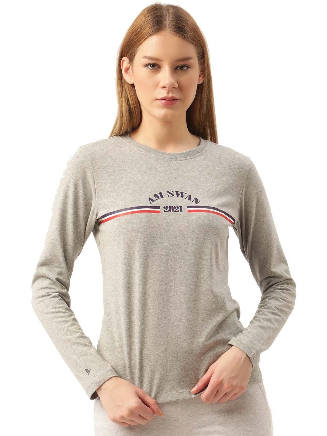 

AMSWAN Women Typography Printed Round Neck Cotton T-shirt, Grey