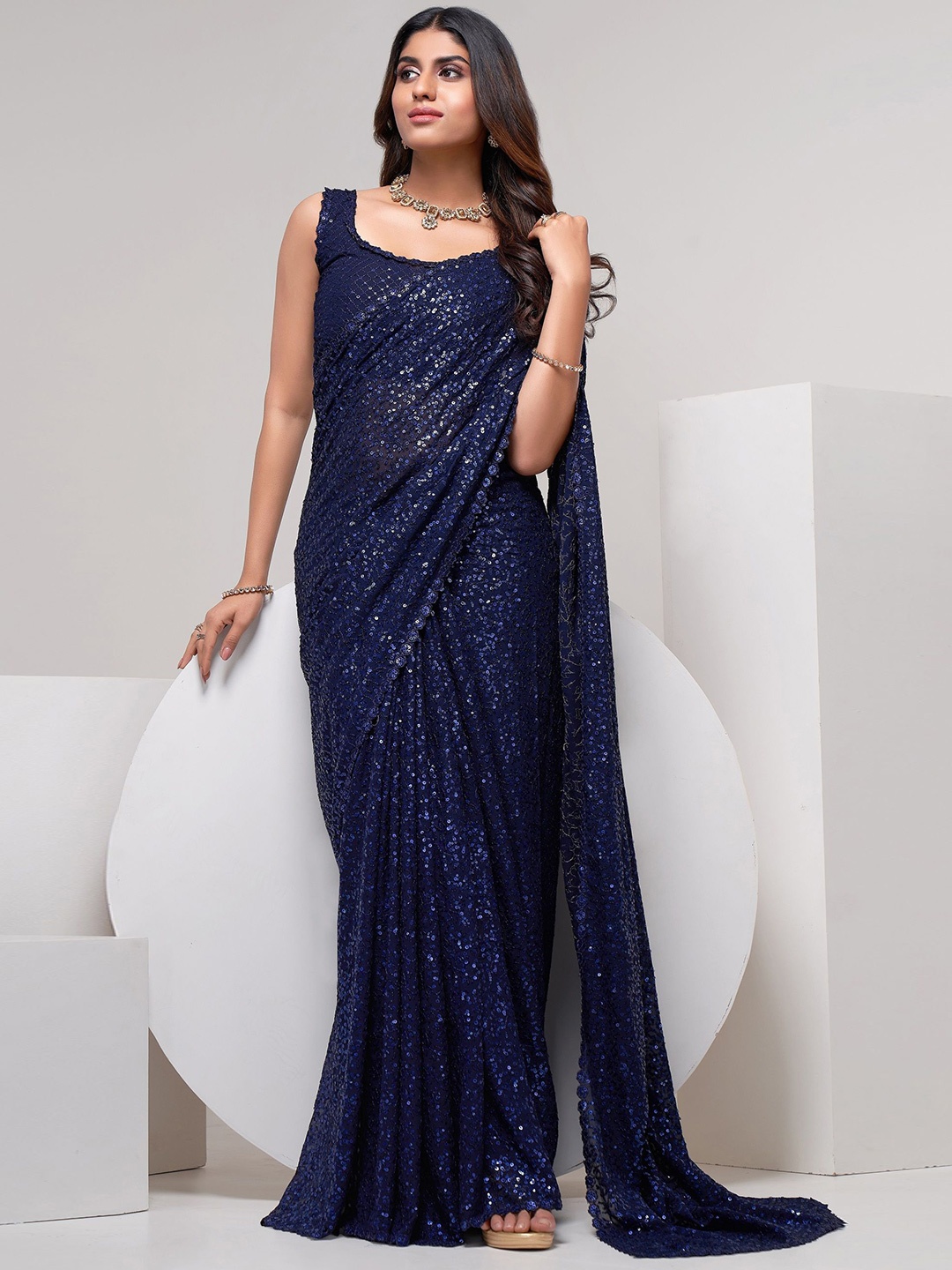 

DIVINE EXIM Embellished Sequinned Saree With Blouse Piece, Blue