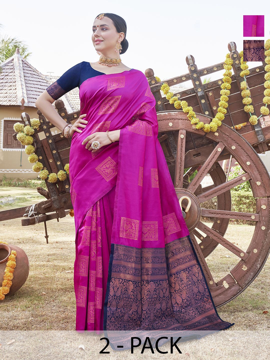 

Anouk Rustic Pack of 2 Woven Design Zari Banarasi Saree, Pink