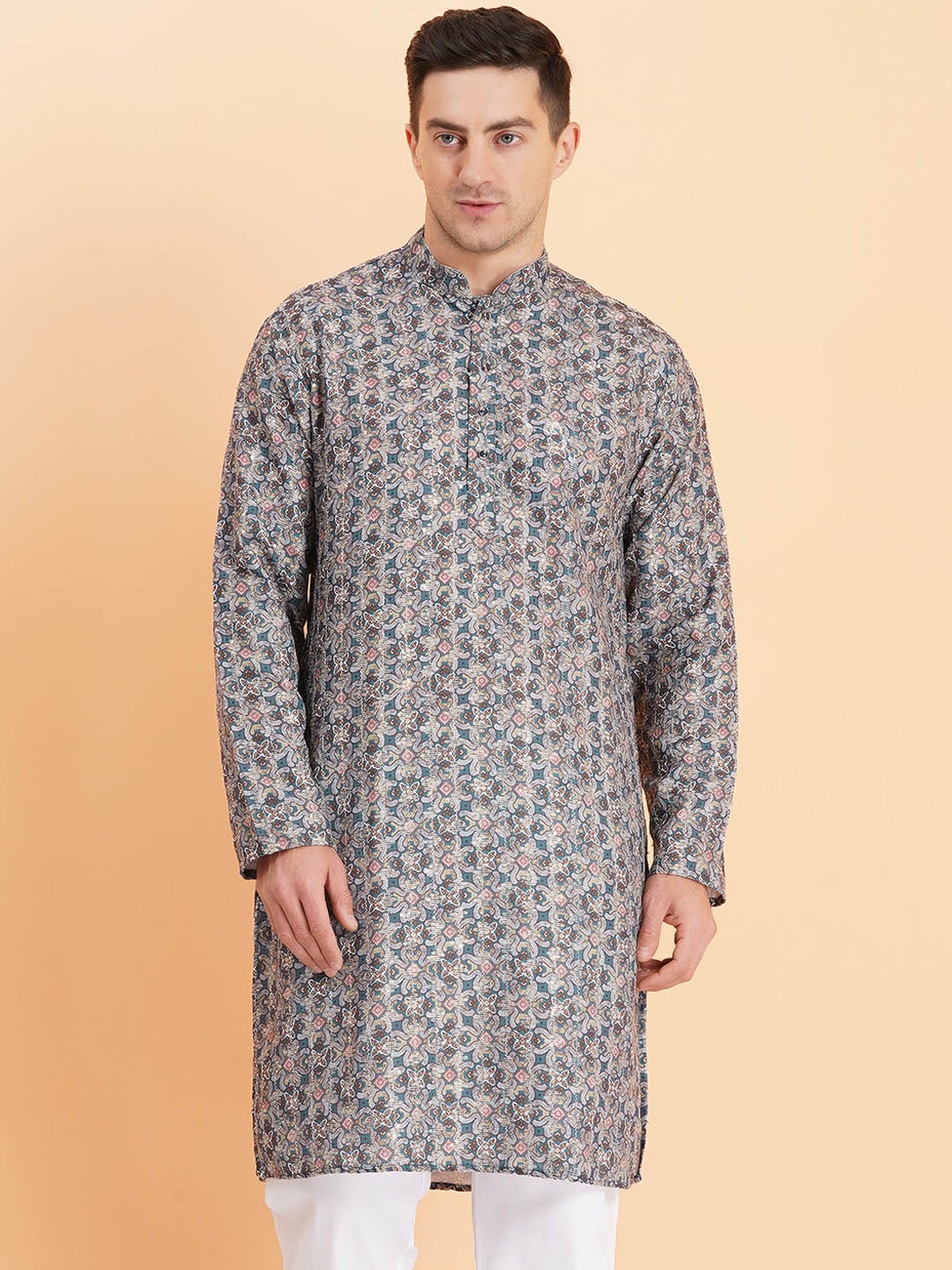 

SG LEMAN Abstract Printed Mandarin Collar Cotton Straight Kurta, Teal