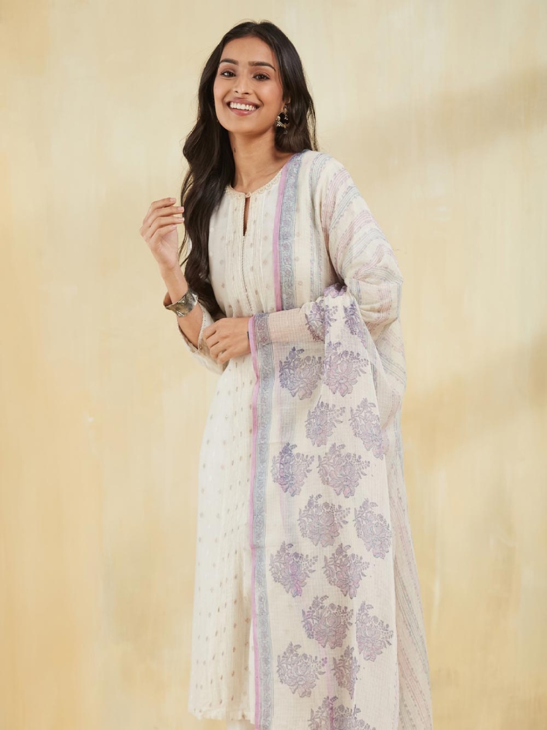 

Fabindia Floral Printed Cotton Silk Block Print Technique Dupatta, Off white
