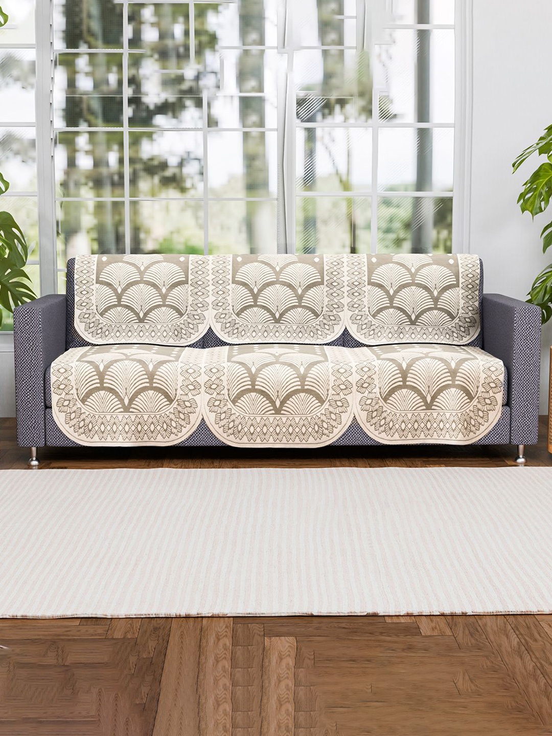 

Kuber Industries Cream Colored 6 Pieces Self Design Cotton 3 Seater Sofa Covers