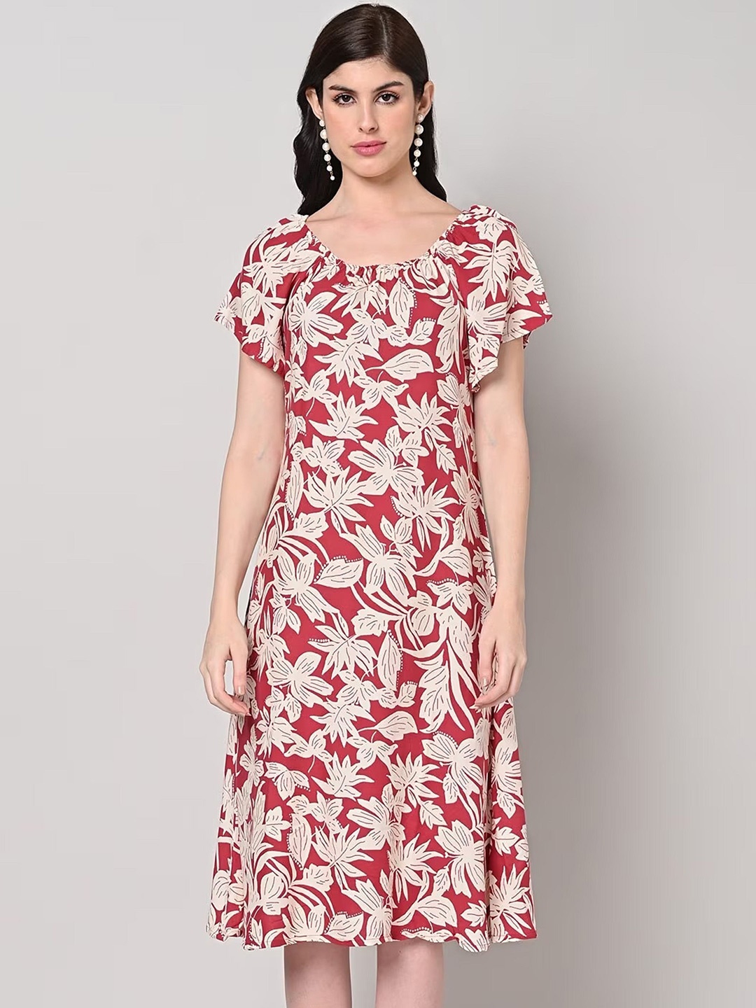 

SAKURA Women Floral Printed Liva A-Line Dress, Red