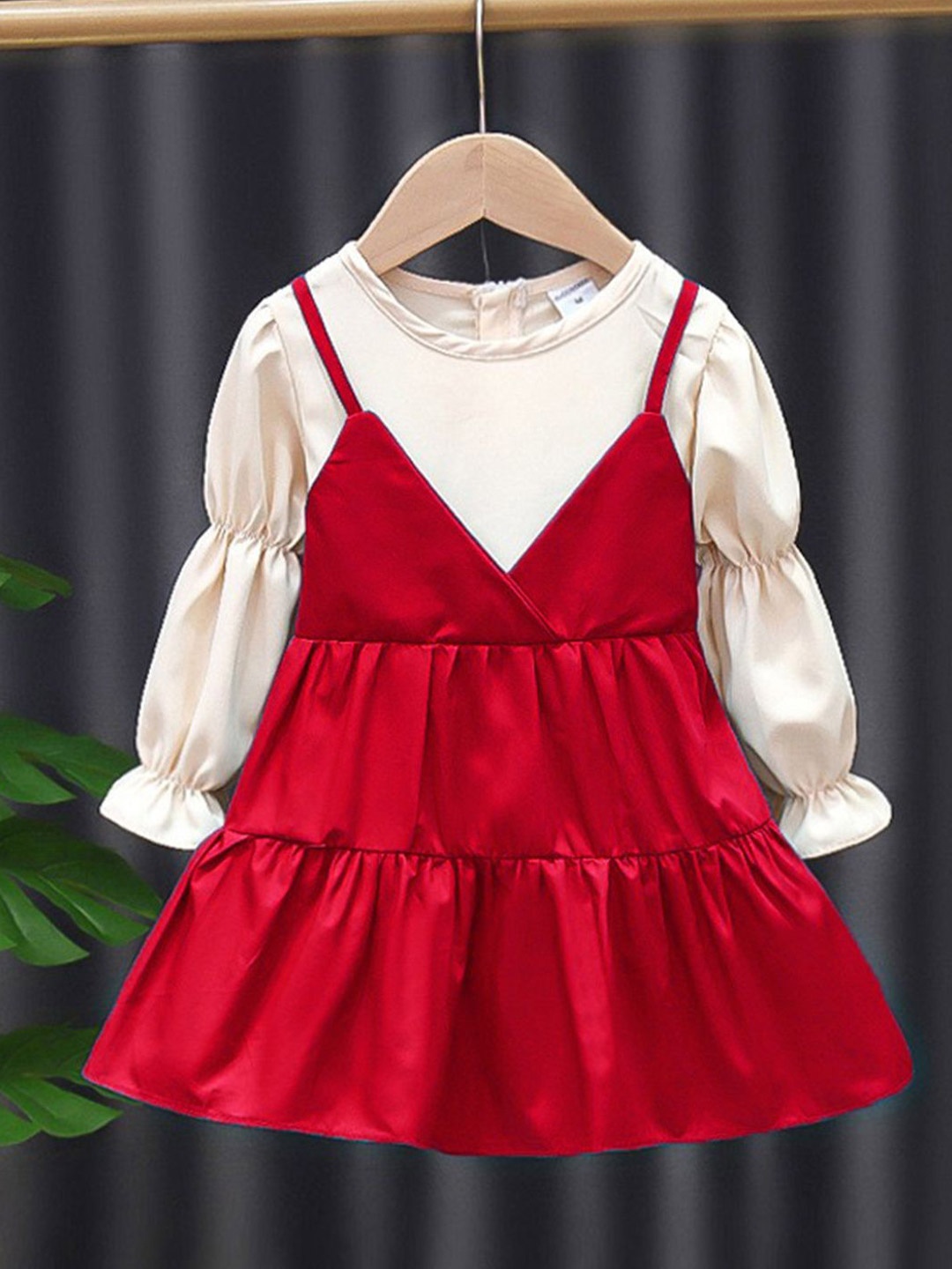 

YK Autumn Korean Girls Cotton Fit & Flare Dress, Red