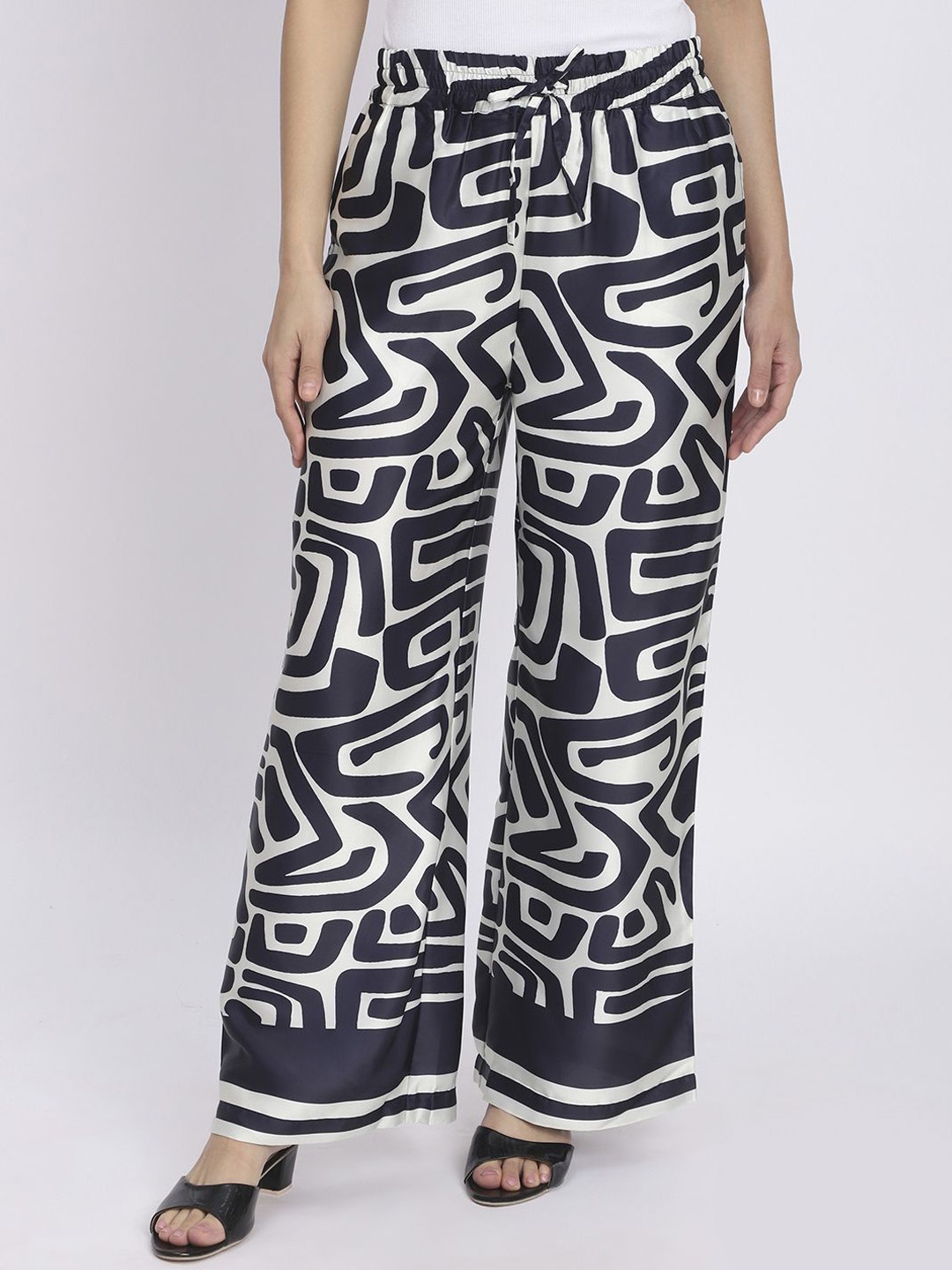 

R&B Women Abstract Printed Relaxed Fit Mid-Rise Parallel Trouser, Navy blue