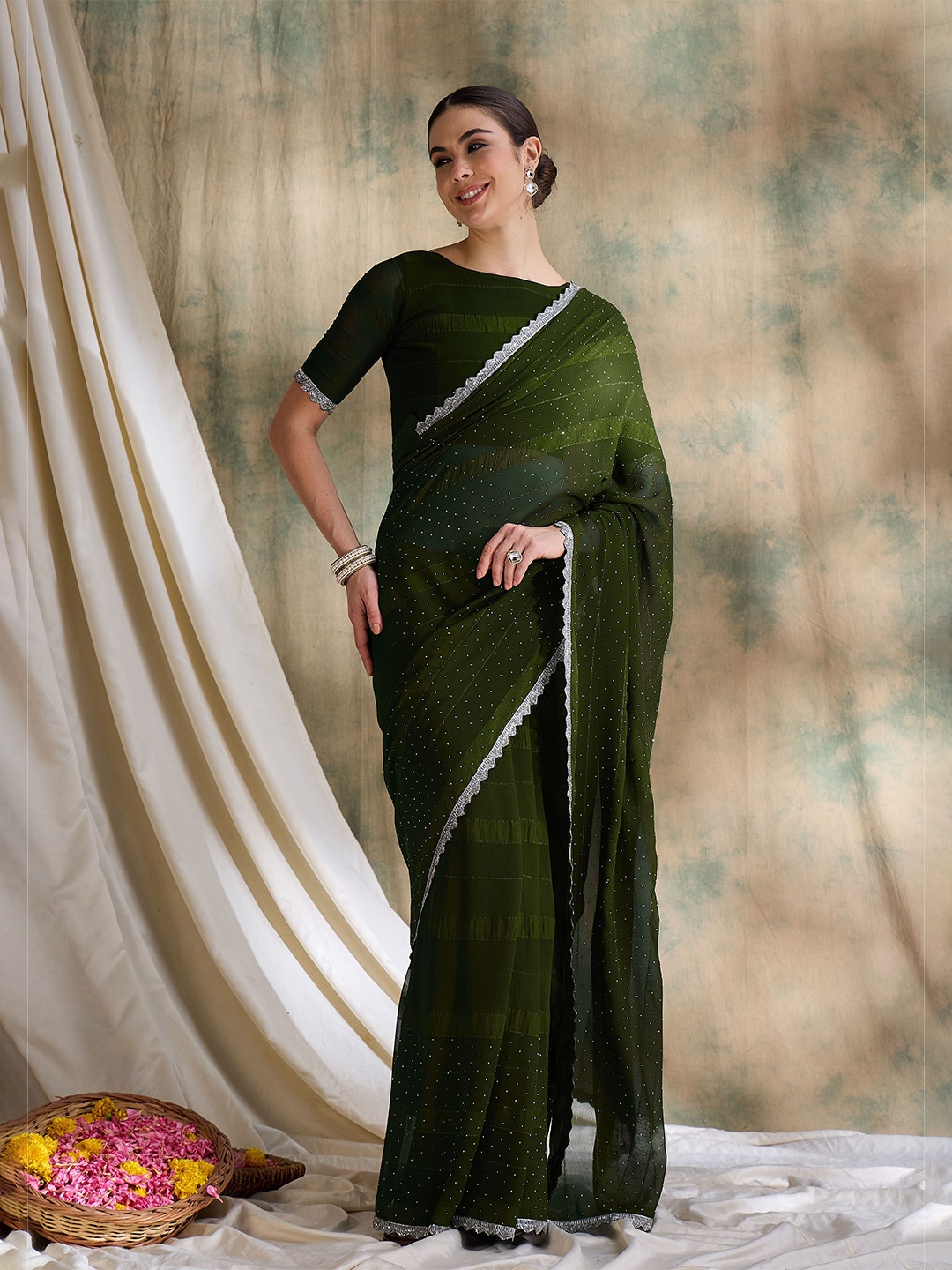 

DEVATITHI Beads and Stones Silk Blend Saree, Olive