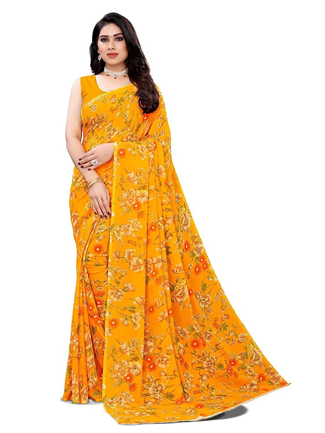 

HERE&NOW Floral Poly Georgette Saree, Mustard