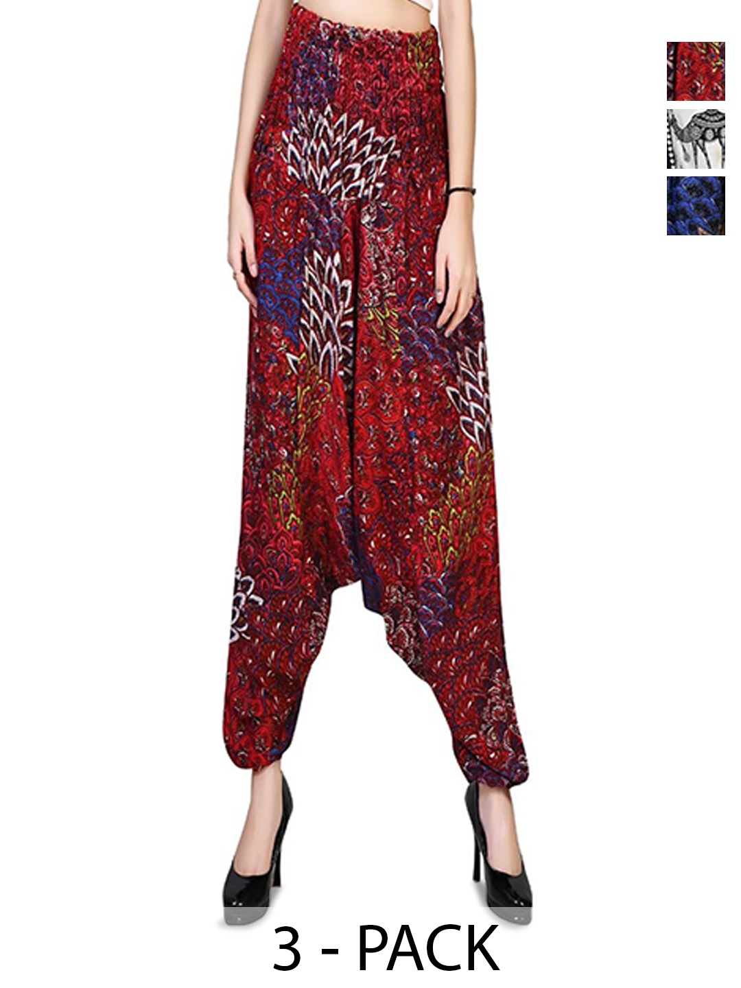 

NarNari Women Pack Of 3 Printed Harem Pants, Red