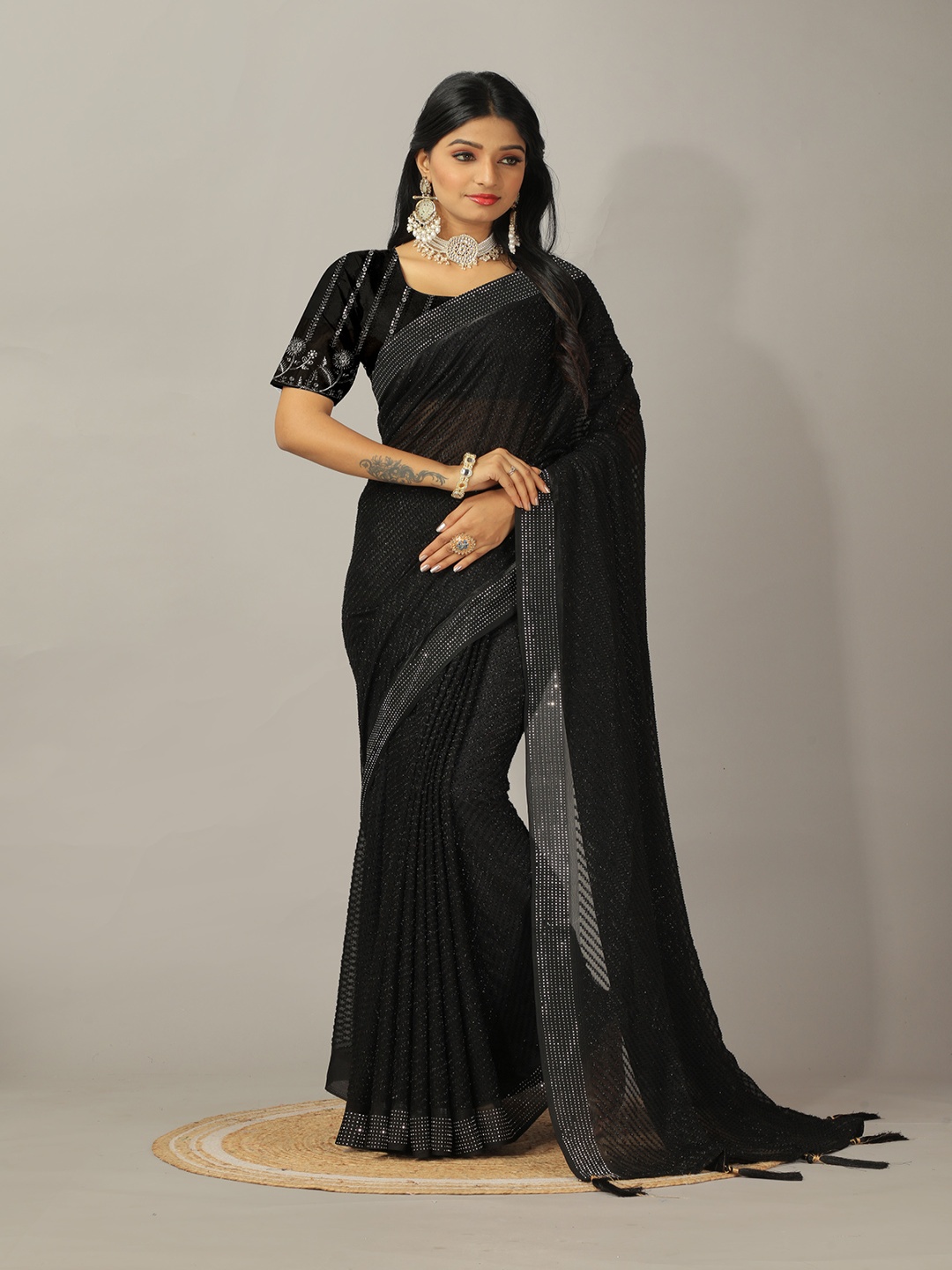 

A.V.M. SILK MILLS Embellished Sequinned Pure Georgette Saree, Black
